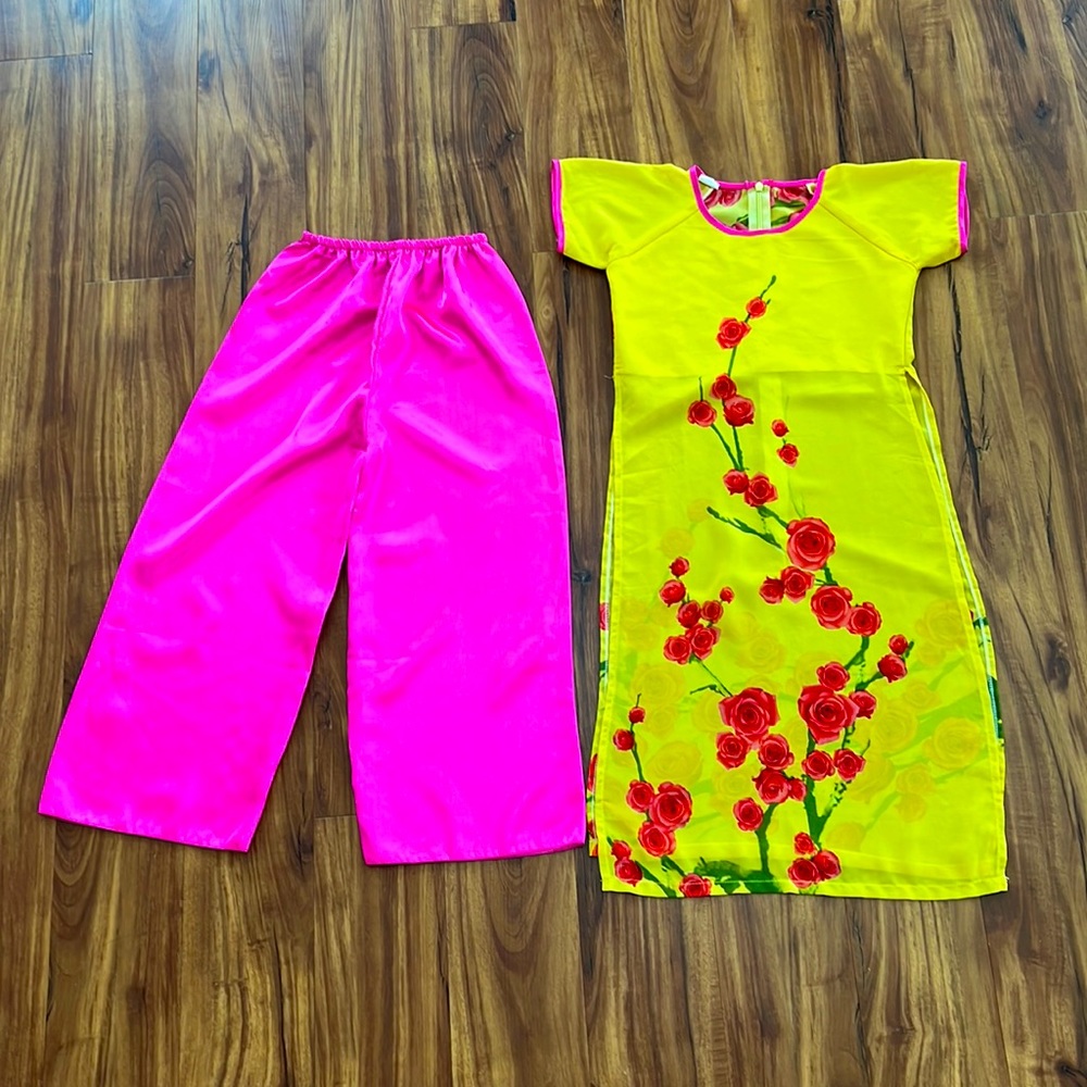 Cute Vietnamese traditional dress yellow and pink with roses